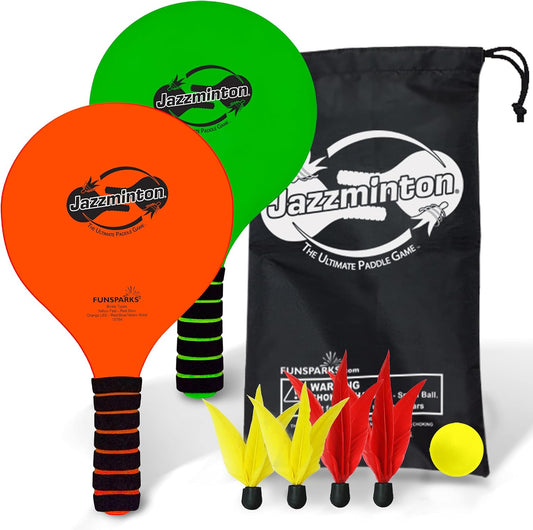 Funsparks Jazzminton Paddle Ball Game with Carry Bag - Indoor Outdoor Toy - Play at The Beach, Lawn or Backyard - 2 Wooden Racquets - 4 Shuttlecocks - 1 Ball